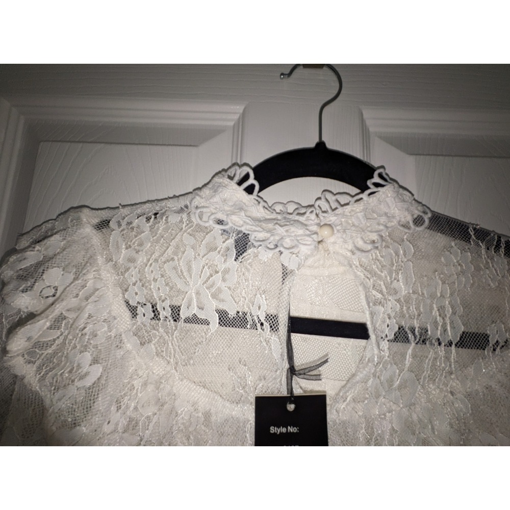 Love University White Lace Ruffle High Neck Blouse Long Sleeve Top 3137 NEW L - Picture 6 of 10